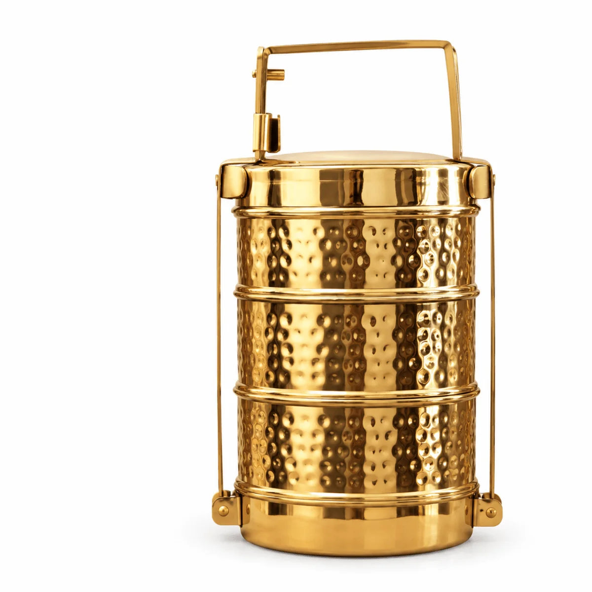 Handmade Hammered Brass 3 Tier Lunch Box – Traditional Tiffin Carrier with Handle