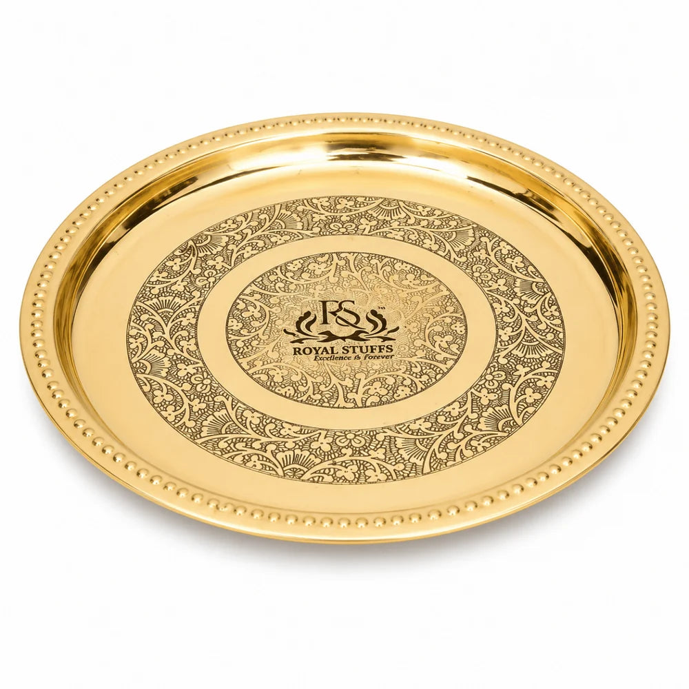 Handmade Pure Brass Plate Dish Embossed Design Round Shape Plate