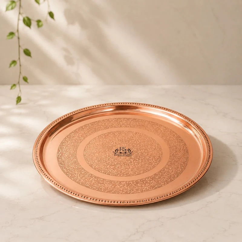Handmade Pure Copper Plate 12 Inch – Embossed Round Serving & Dining Plate