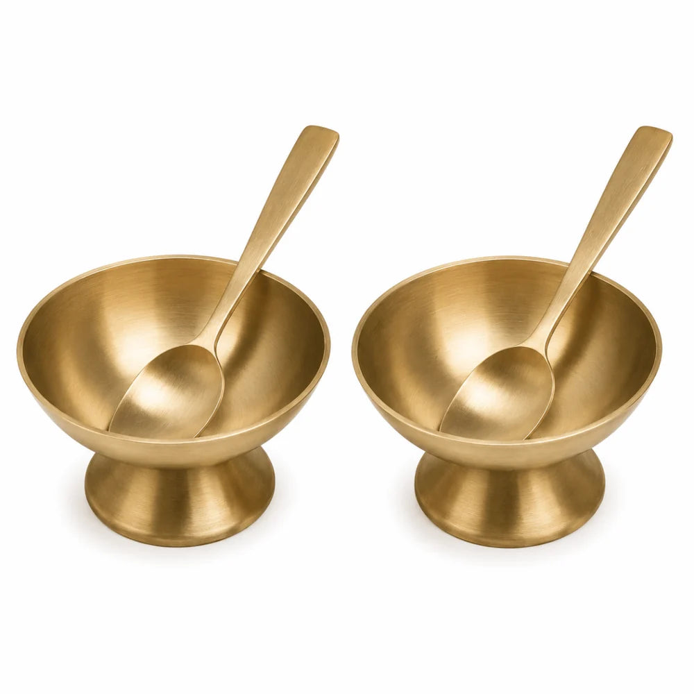 Handmade Pure Kansa Ice Cream Cup with Spoon Matt | Set of 2 | Traditional Bronze Dessert Bowl
