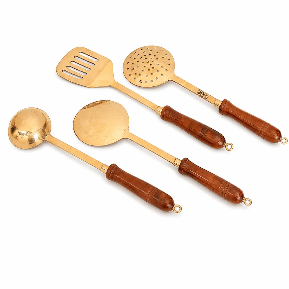 Handmade Traditional Brass Ladles & Spatula Cooking Set – 4 Piece Premium Kitchen Utensil Set