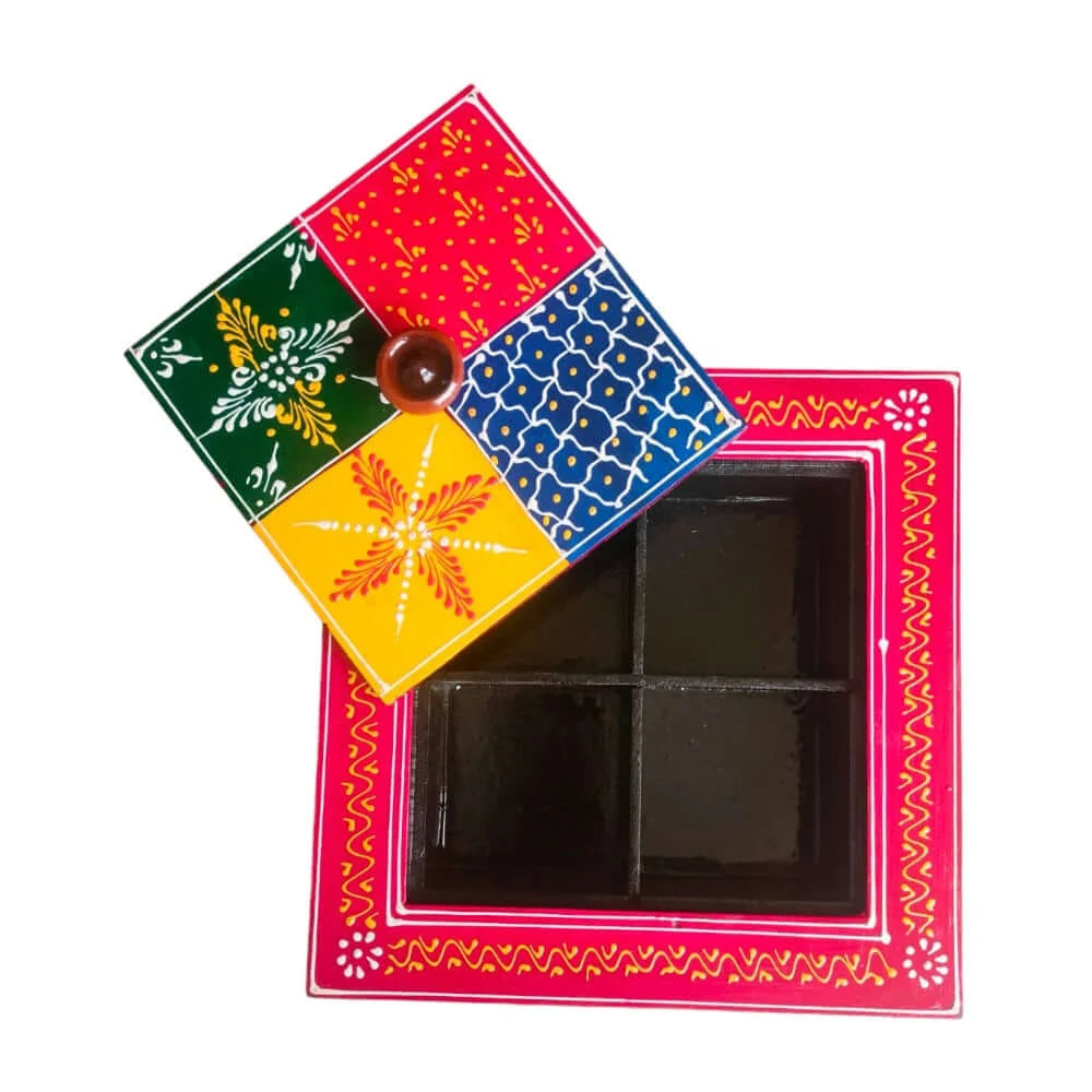 Indian Dry Fruit Box Wooden, Handpainted Or Spices Box for Kitchen, Color : Multi , Size : L : 6 Inch, B : 8 Inch, H: 2.2 Inch