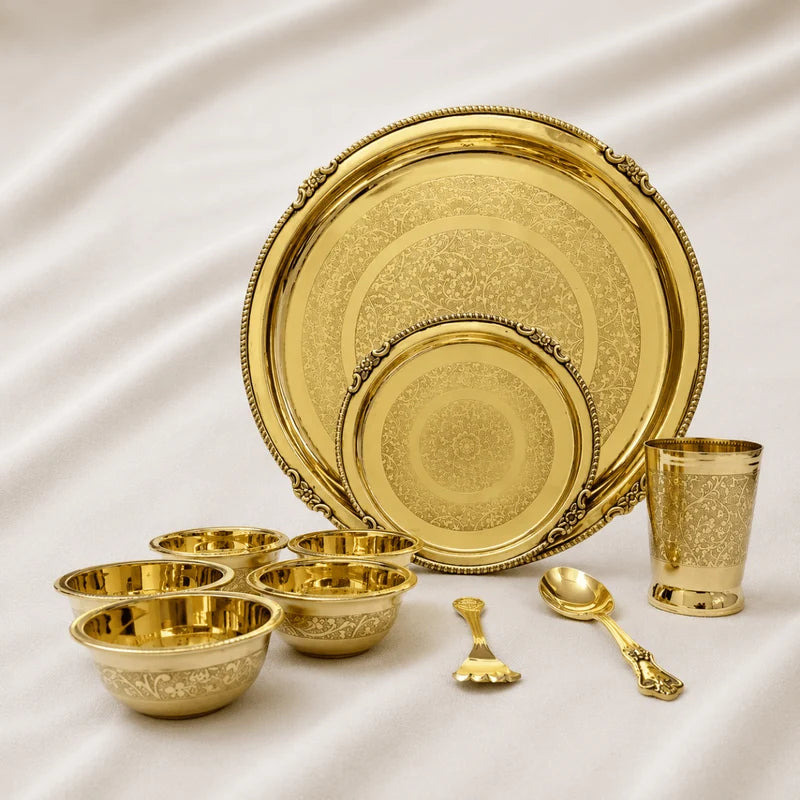 Maharaja 10 Pcs Brass Dinner Set – Etched Gold Pital Dinnerware