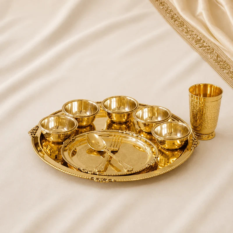 Maharaja 10 Pcs Brass Dinner Set – Etched Gold Pital Dinnerware