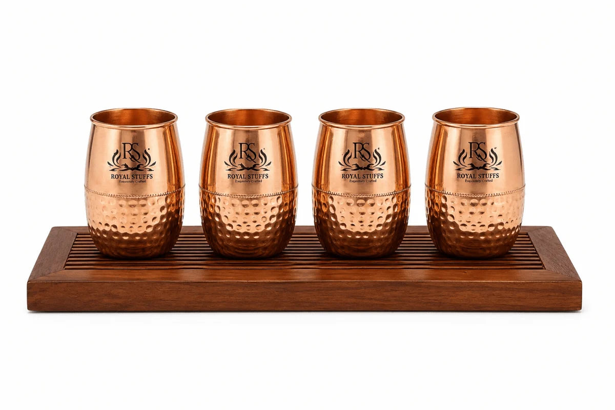 Dholak Shaped Pure Copper Water Glass Set – Handmade Drinkware Set of 4 (200 ML)