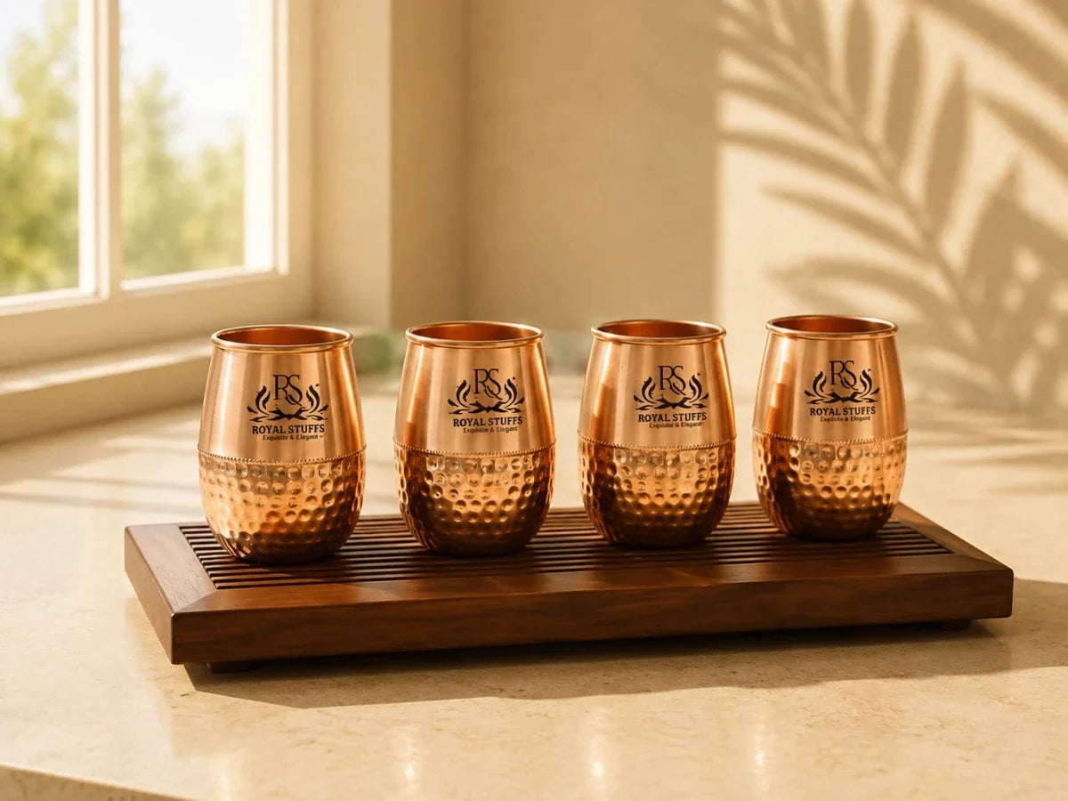 Dholak Shaped Pure Copper Water Glass Set – Handmade Drinkware Set of 4 (200 ML)