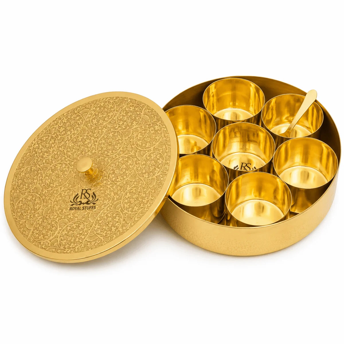 Pure Brass Spice Box (Masala Dani) Set with Lid, Spoon & 7 Containers