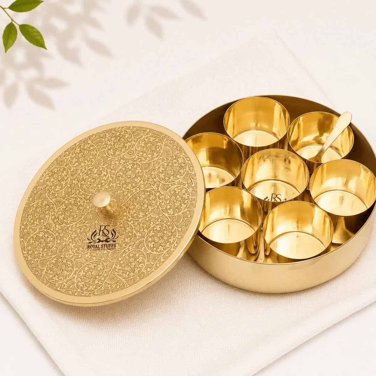 Pure Brass Spice Box (Masala Dani) Set with Lid, Spoon & 7 Containers