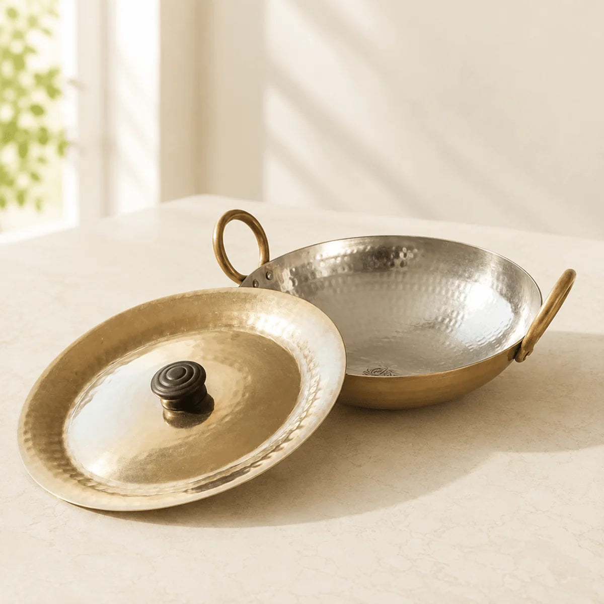 RoyalStuffs Round Base Handmade Brass Kadhai with Pure Tin (Kalai) Coating & Brass Lid