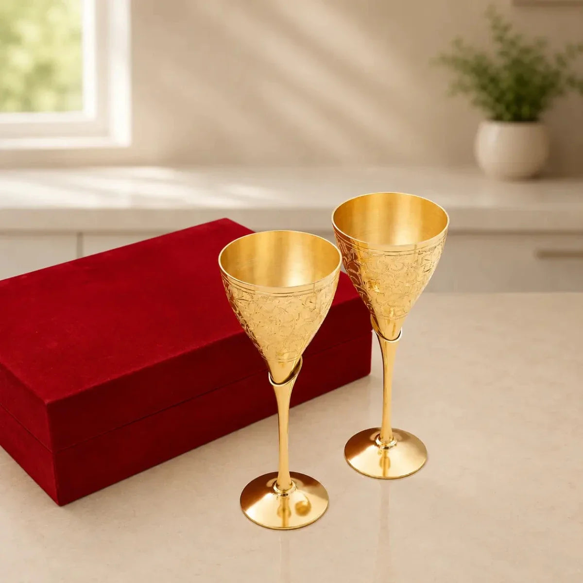 Royal Brass Wine Glass Set of 2 – Handcrafted Golden Drinkware for Elegant Serving