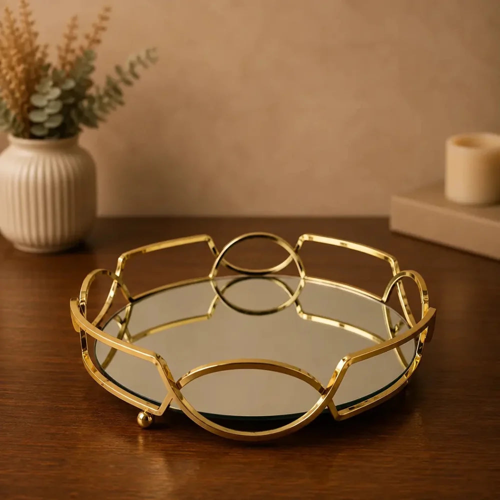 ROYALSTUFFS 12" Antique Brass Glass Tray with Mirror Top metal, gold colour
