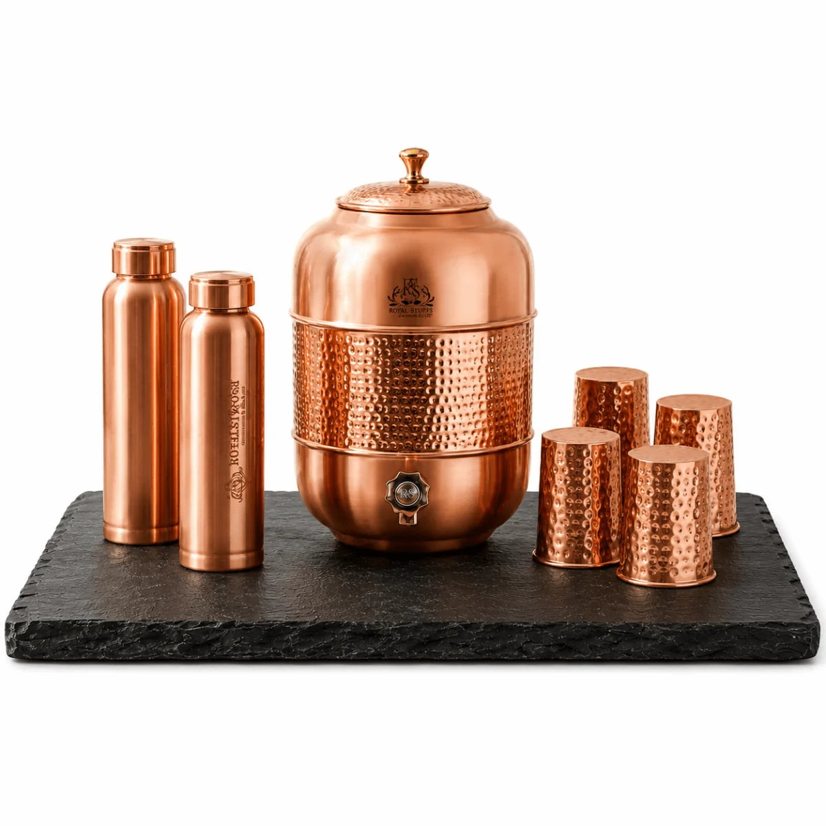 RoyalStuffs 12 Liter Pure Copper Water Dispenser Set – Hammered Copper Storage Tank with 4 Tumblers & 2 Bottles