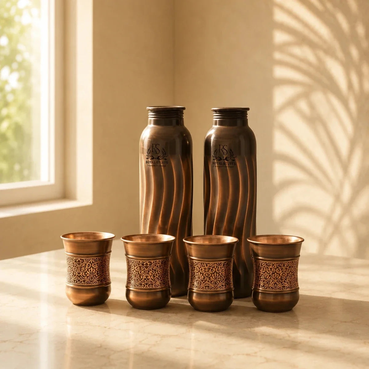 Pure Copper Lehar Water Bottle Set with 4 Tumblers – Antique Finish Drinkware Collection