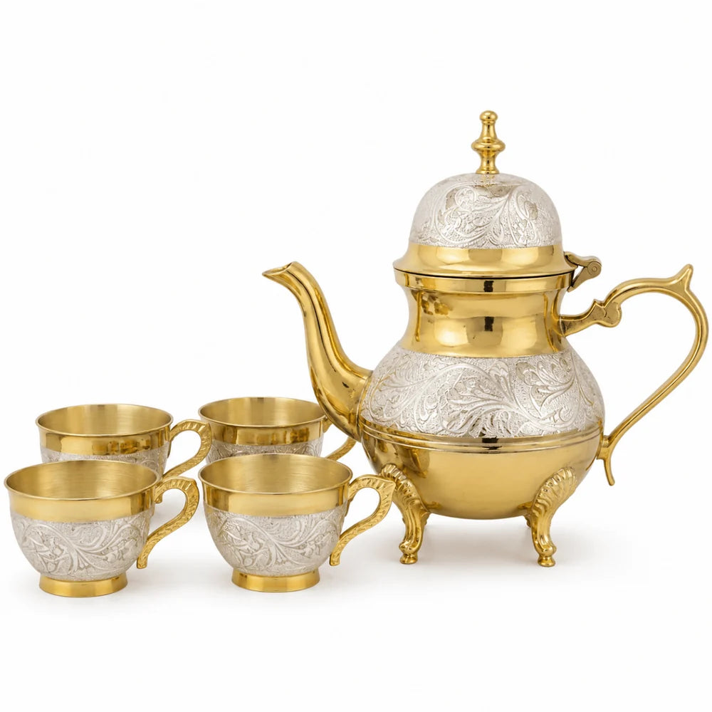 ROYALSTUFFS Brass Gold & Silver Tea Set with Red Velvet Box