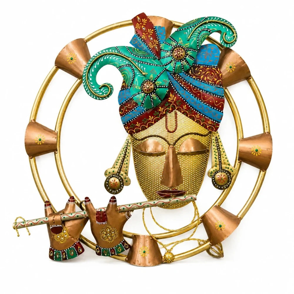ROYALSTUFFS Krishna Playing Flute With Inbuilt LED Light Decorative Metal Wall Hangings With Light For Wall Décor – Round Iron Metal Wall Hanging For Home Decoration and Café Decoration