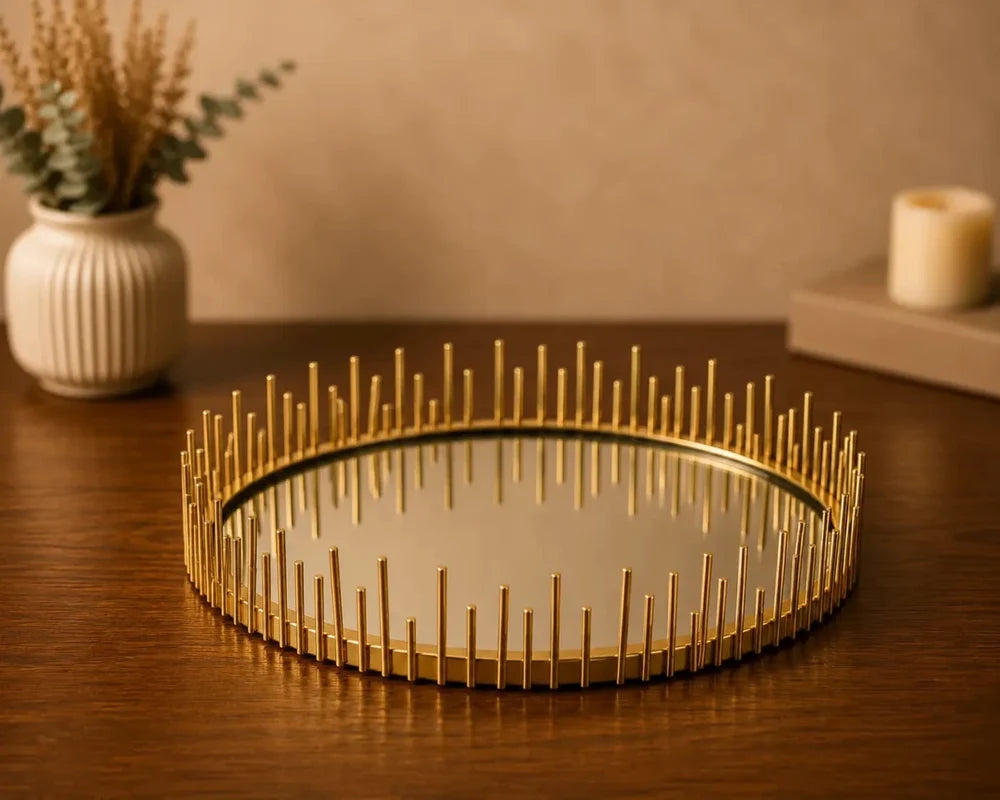ROYALSTUFFS Metal Gifting Trays For Packing With Mirror Top, Open Gifting Trays for Wedding Packing, Gifting Trays For Packing Basket, Big Tray For Gifting Best Wishes Motif Hamper Trousseau Packing Tray (12 inch diameter)