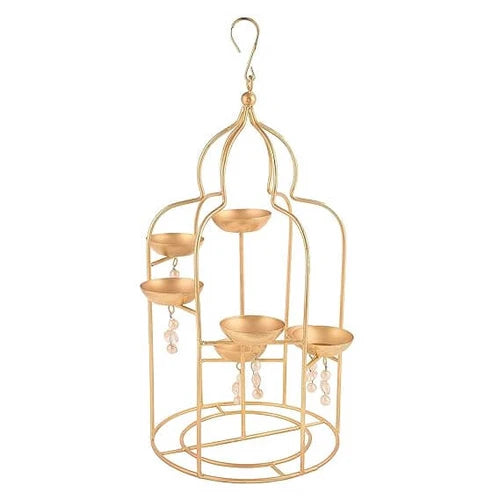 ROYALSTUFFS Metal Hanging Lantern with Beads Home Decoration for Bedroom, Livingroom, Home Office Ideal for Gifting - Matte Gold
