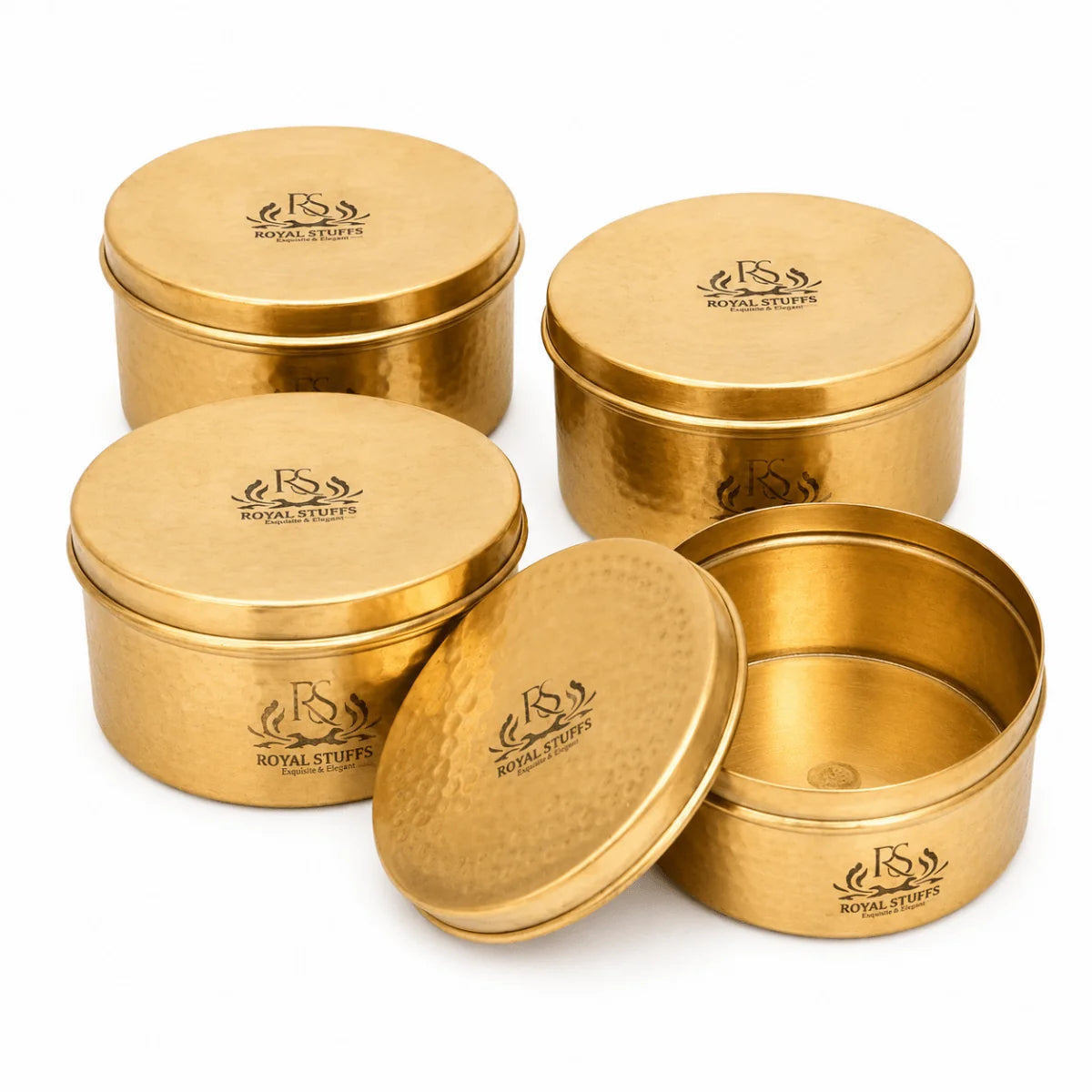 RoyalStuffs Pure Brass Gold Hammered Laddu Box Set – Set of 4 Brass Storage & Snack Containers