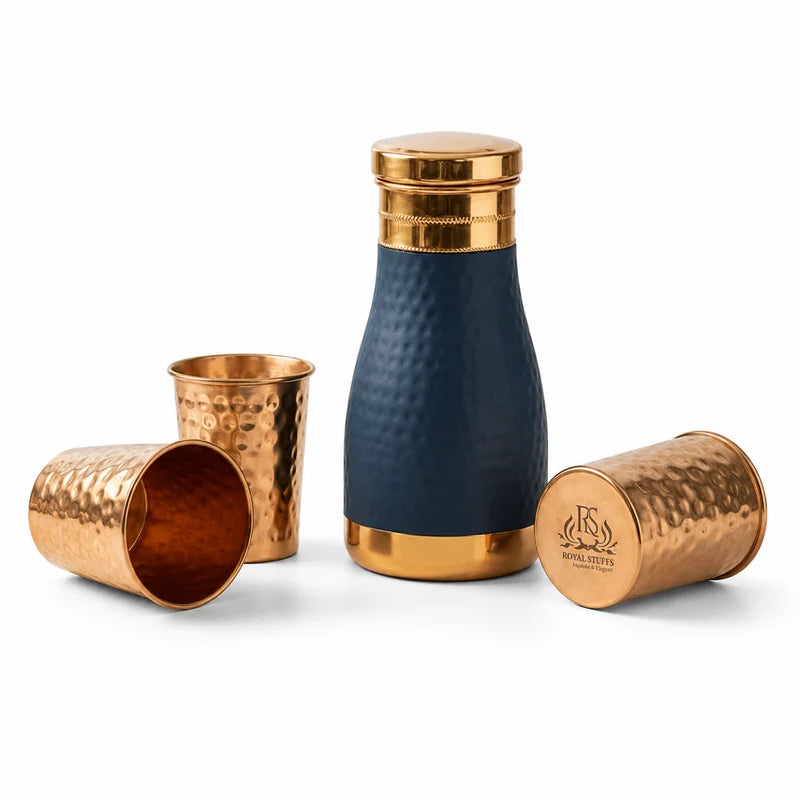 RoyalStuffs Pure Copper Bedside Water Carafe Set – Blue Designer Copper Bottle with 4 Hammered Glasses (1000 ML)