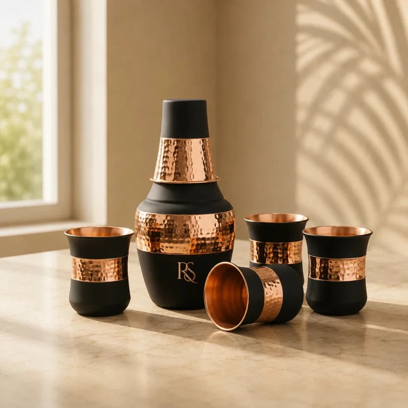 RoyalStuffs Pure Copper Bedroom Water Carafe Set – Black Designer Copper Bottle with 4 Glasses (1250 ML)