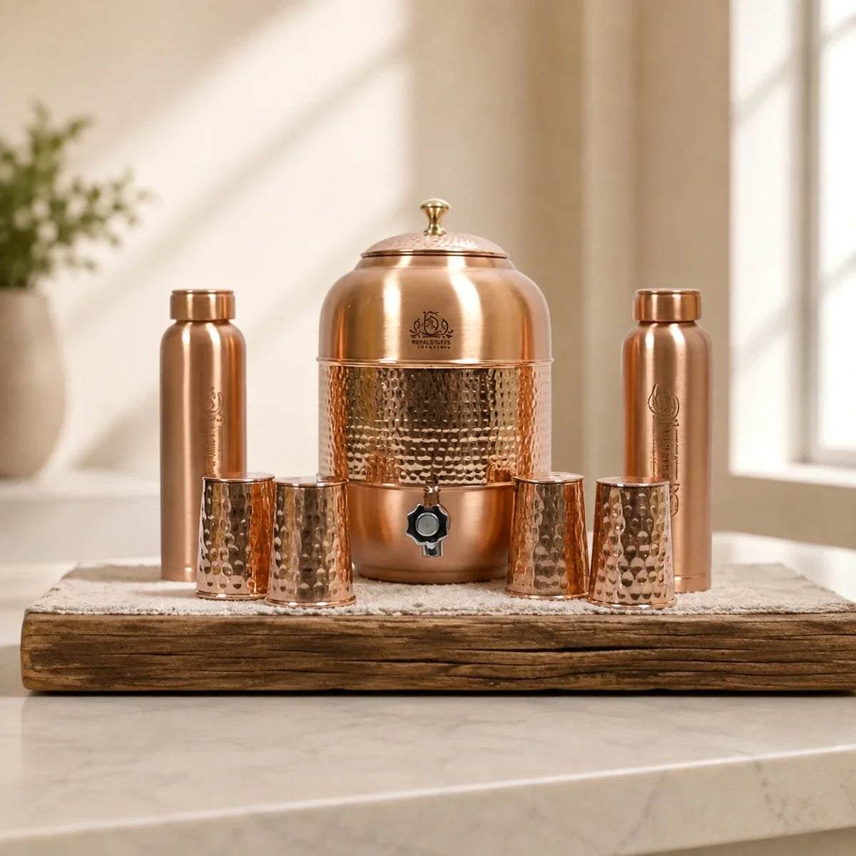 RoyalStuffs Pure Copper Water Dispenser Set – Hammered 8 Liter Copper Storage Tank with 2 Tumblers & 1 Bottle