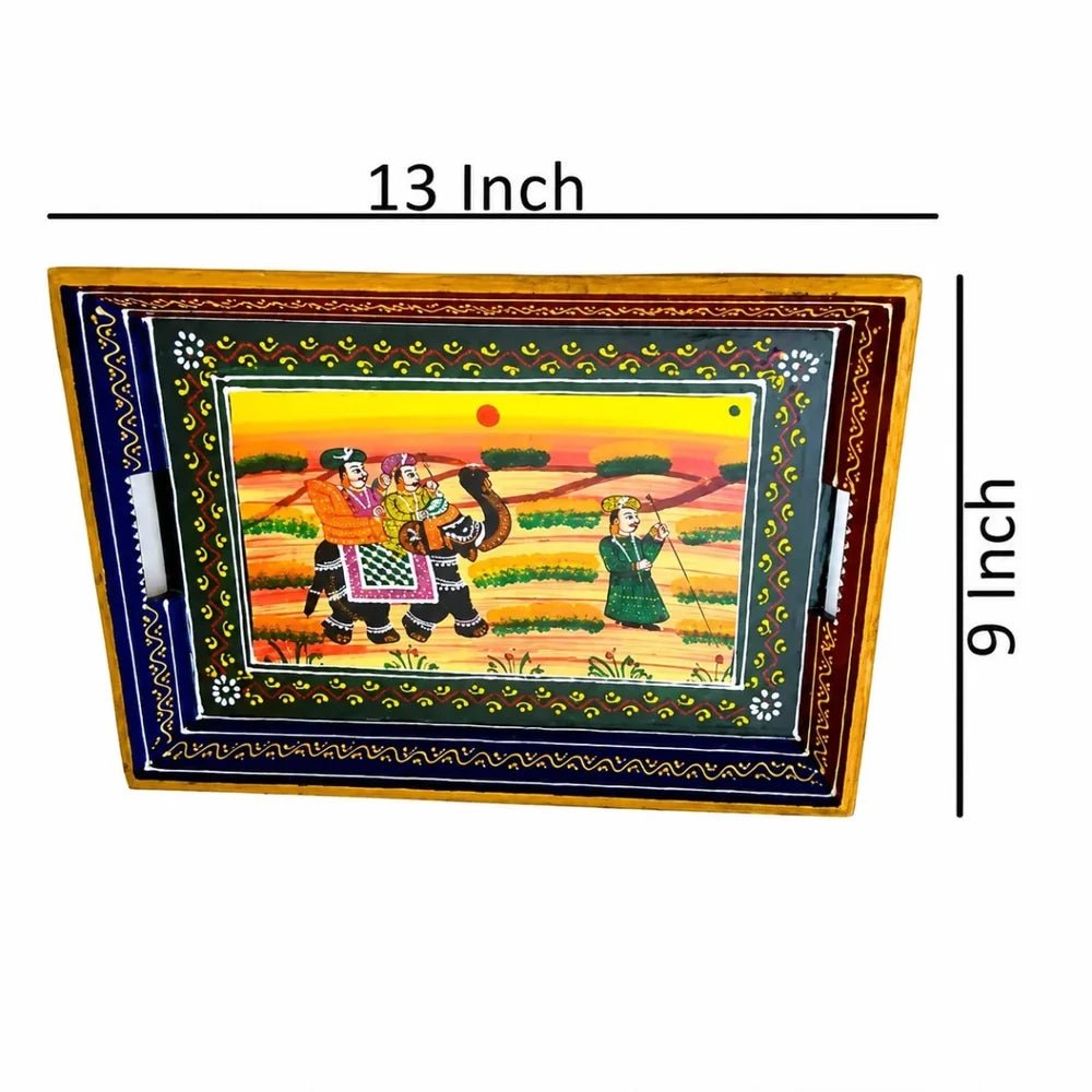 ROYALSTUFFS Serving Tray, set of 3, made of mango wood, Rajasthani painting, size 15″, 14″, 13″
