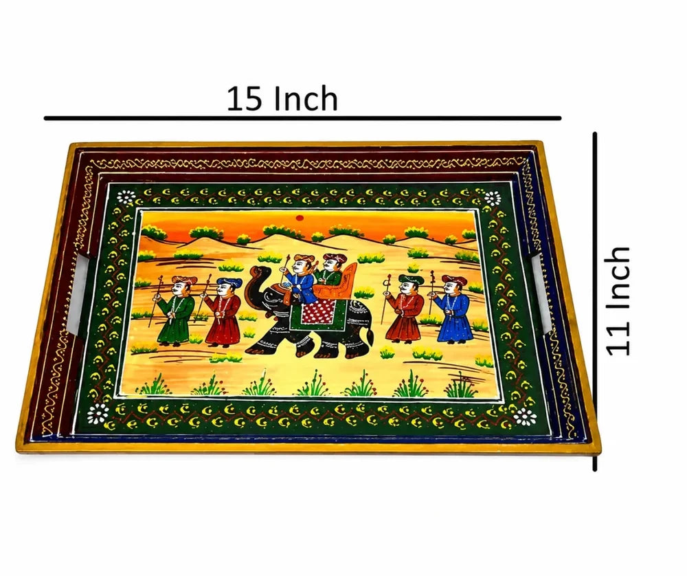 ROYALSTUFFS Serving Tray, set of 3, made of mango wood, Rajasthani painting, size 15″, 14″, 13″