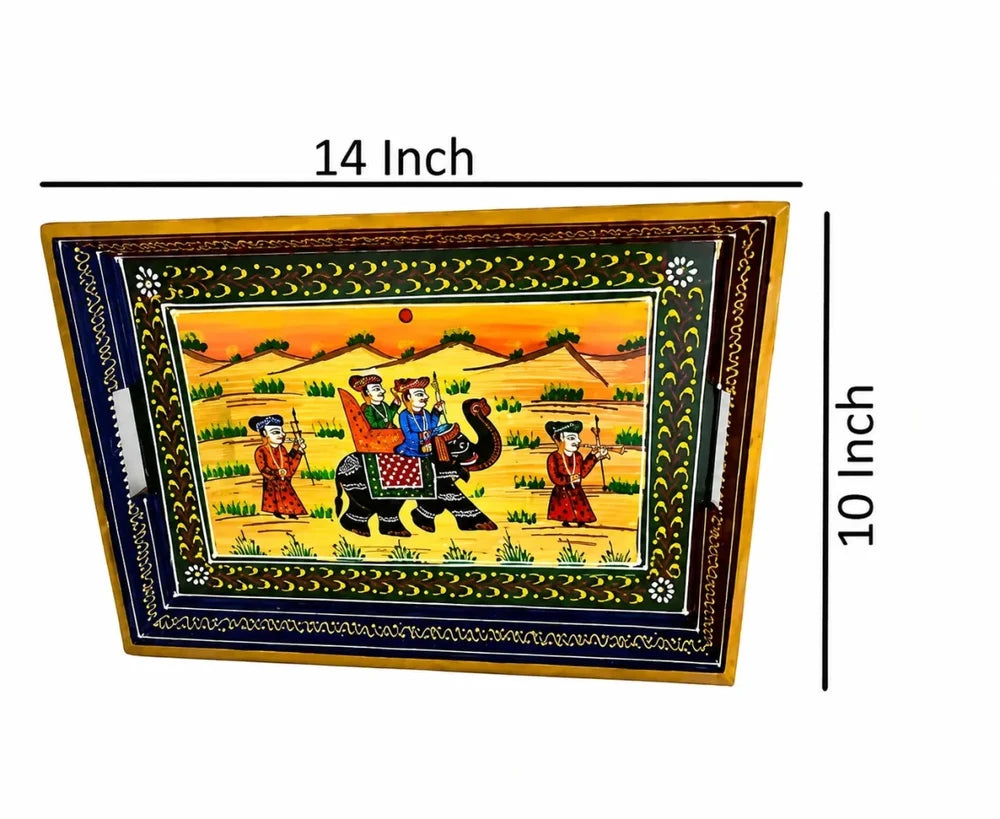 ROYALSTUFFS Serving Tray, set of 3, made of mango wood, Rajasthani painting, size 15″, 14″, 13″