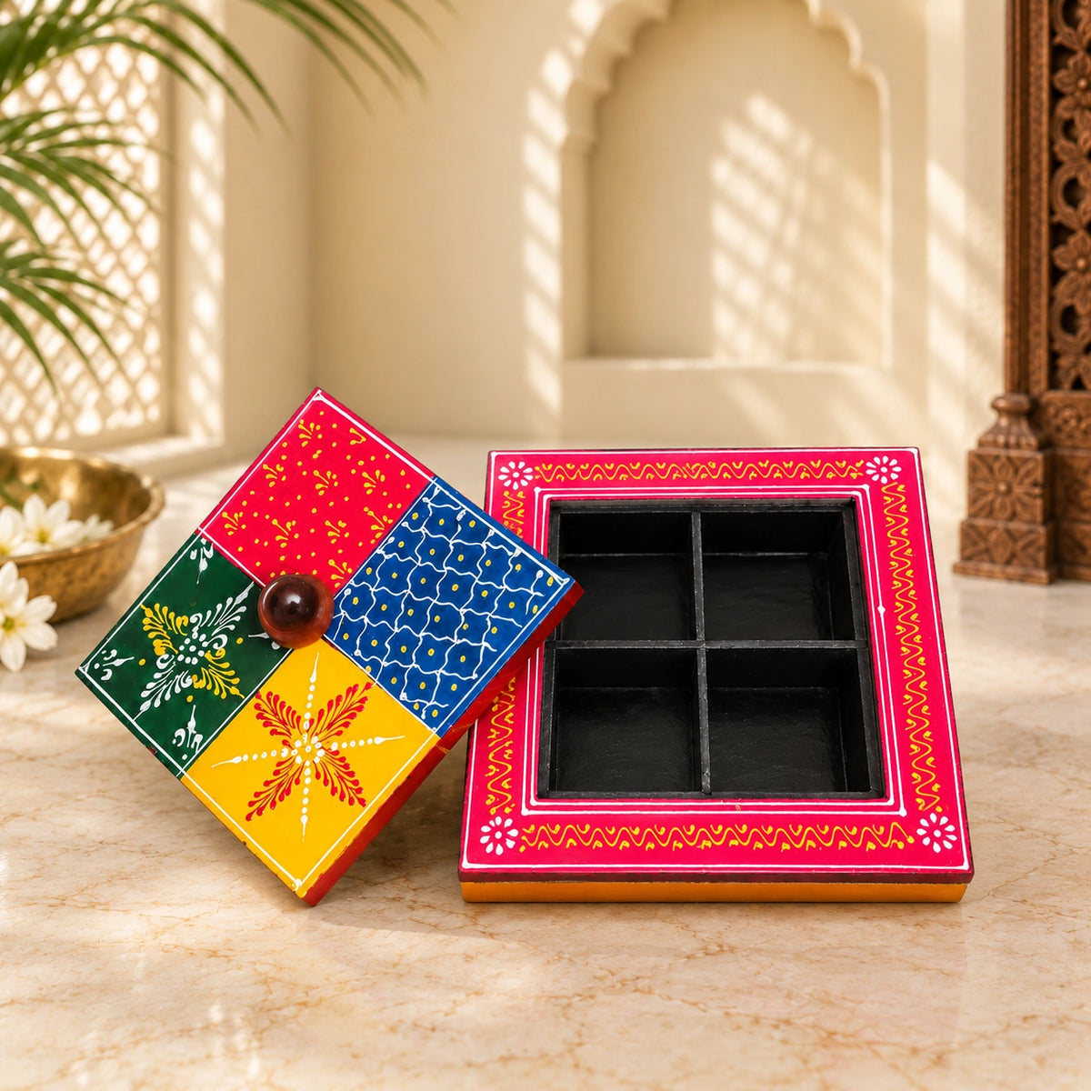 Indian Dry Fruit Box Wooden, Handpainted Or Spices Box for Kitchen, Color : Multi , Size : L : 6 Inch, B : 8 Inch, H: 2.2 Inch