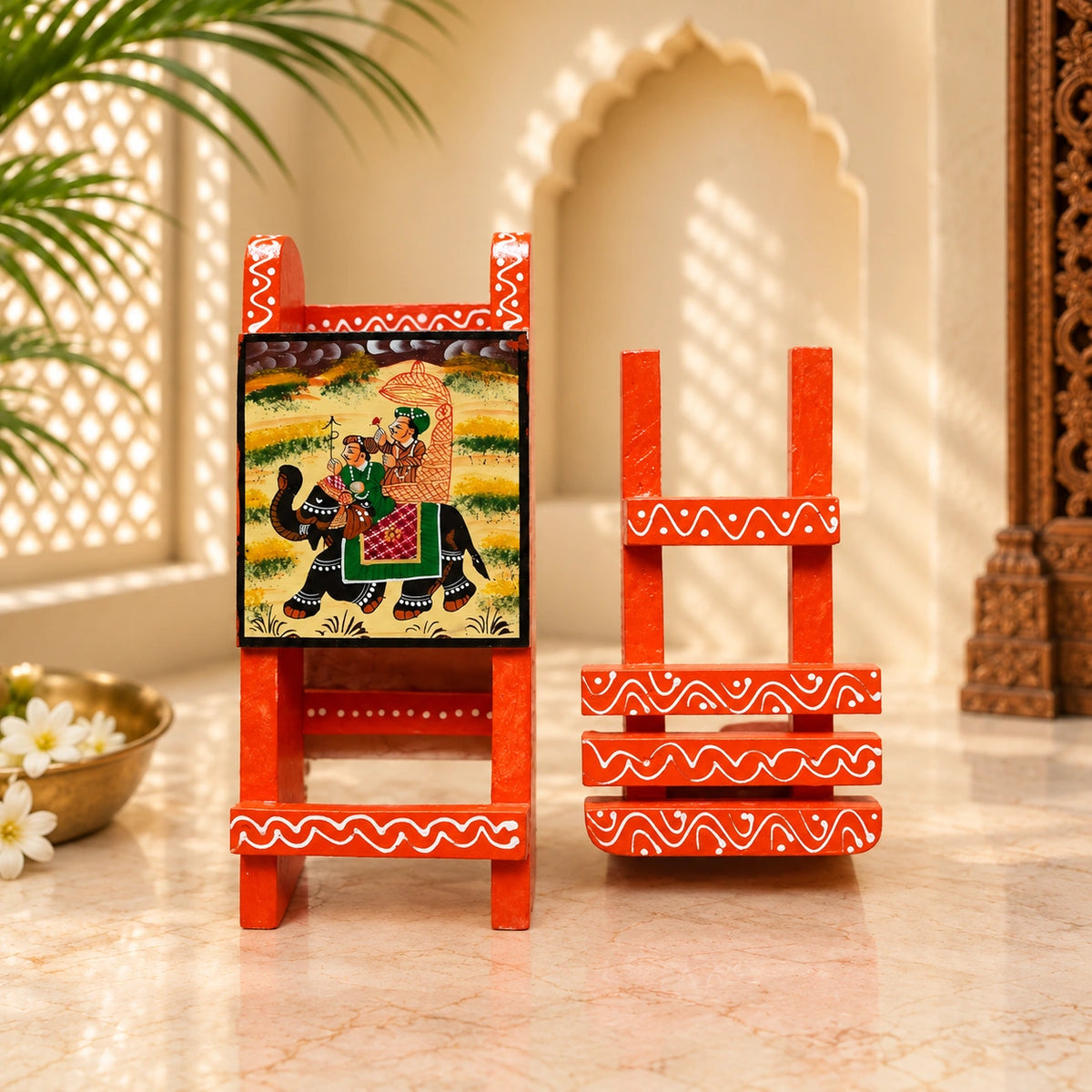 Mobile Stand Wooden Hand Painted Vintage Traditional Indian Design - Compatible with All Phones. Color: Orange