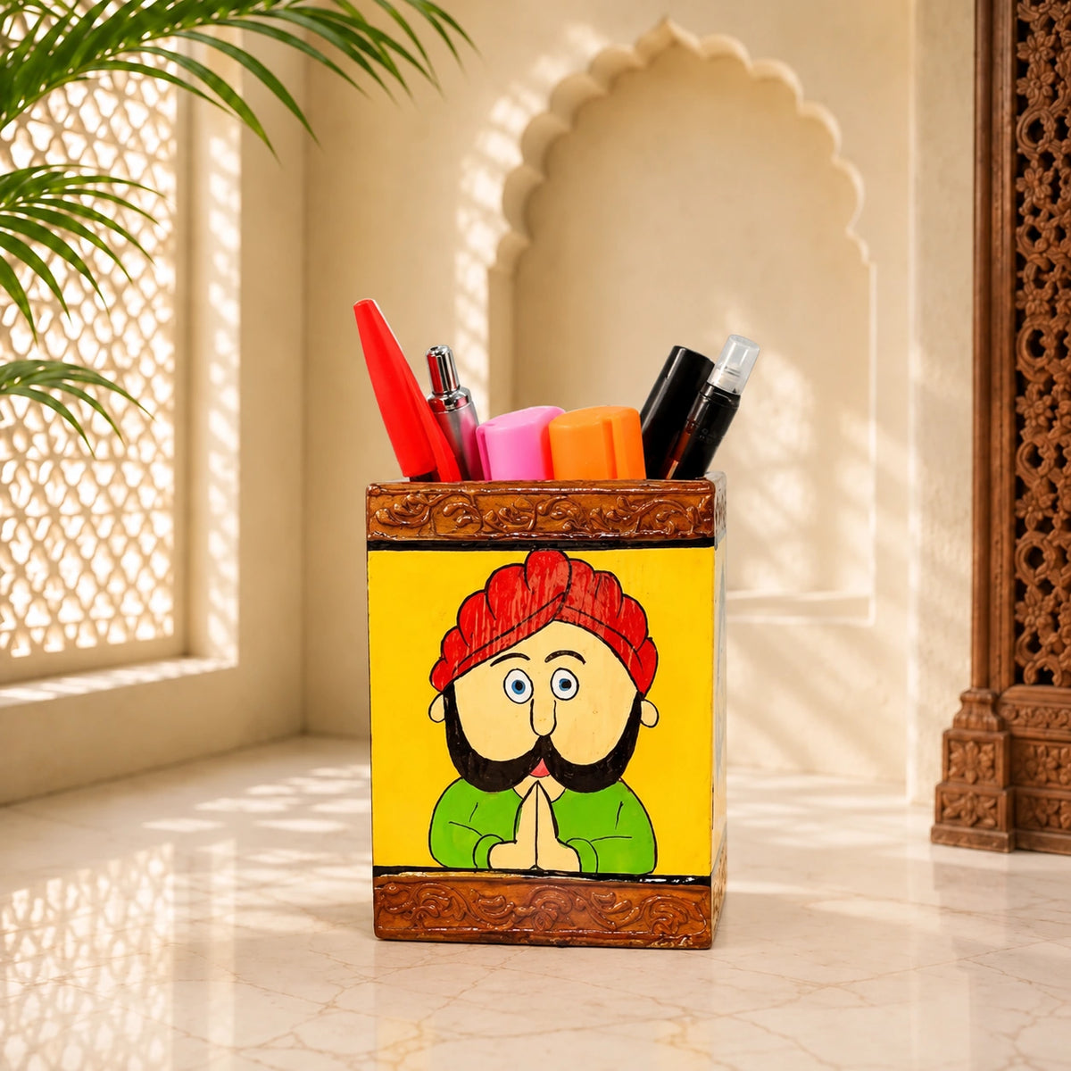 ROYALSTUFFS Namaste Design Wooden Pen Stand/Multipurpose Stand/Spoon Holder/Kitchen Utility with Artistic Painting on it, 4.1 Inch