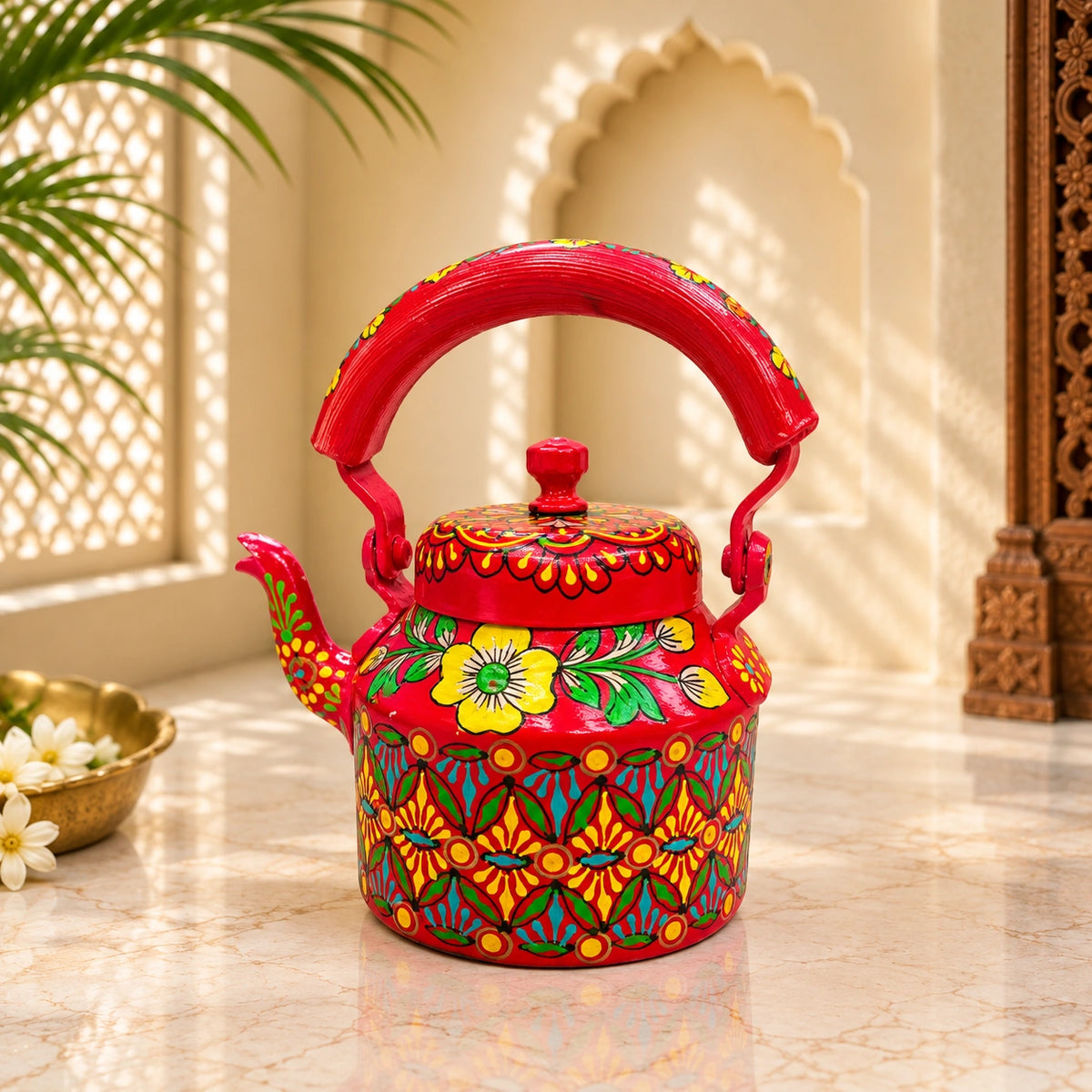 Red Color Hand Painted Aluminium Kettle for Tea/Coffee, Decorative Item (8.5X5.5X8.5 INCH)