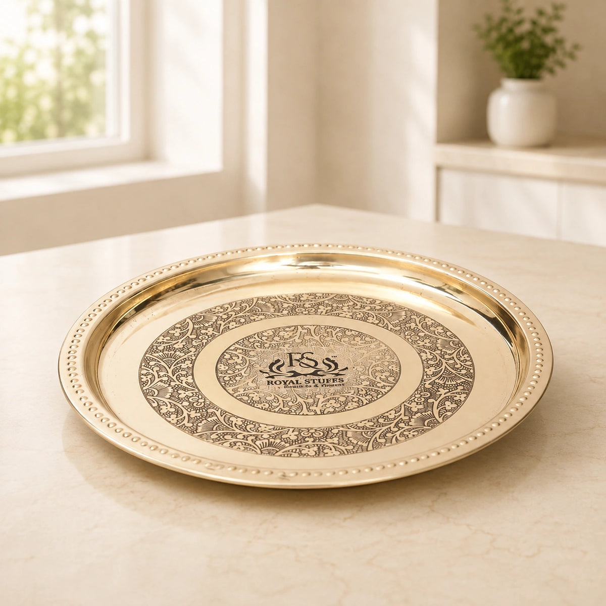Handmade Pure Brass Plate – Embossed Design Round Serving & Dining Plate