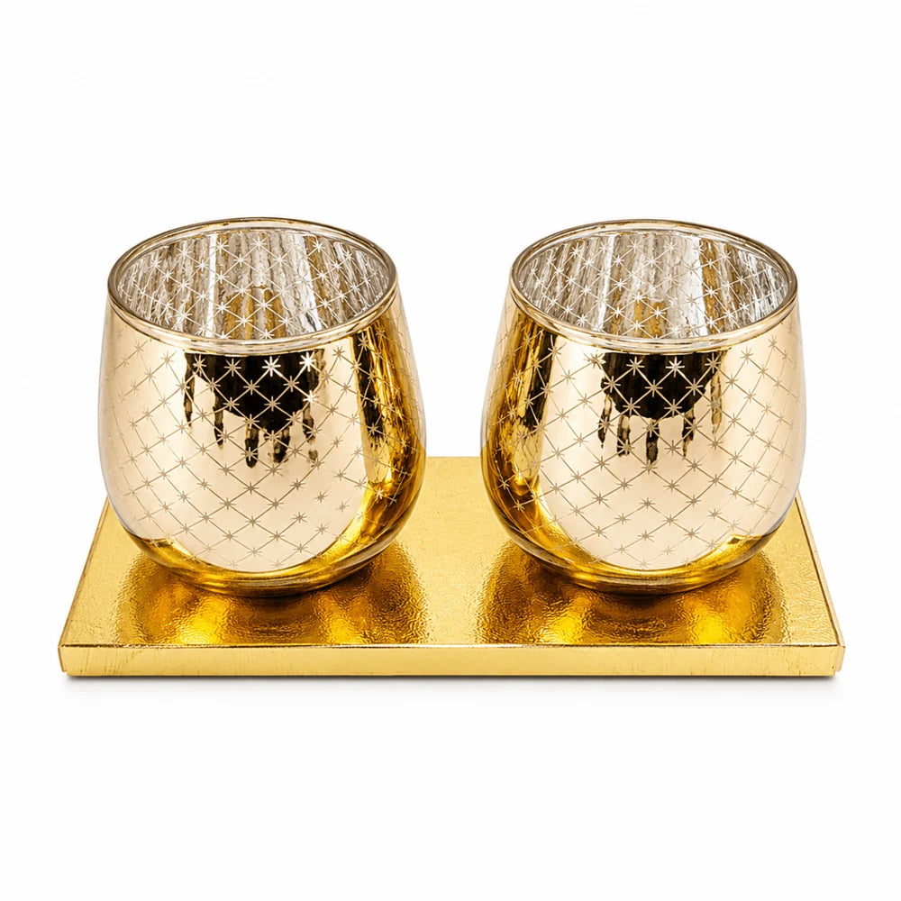 Set of 2 Golden Metal Votives with Tea Lights for Home Décor