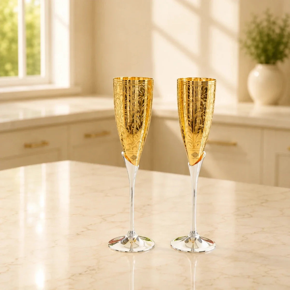 Set of 2 Gold Plated Brass Wine Glasses – Elegant Champagne Flute Goblets