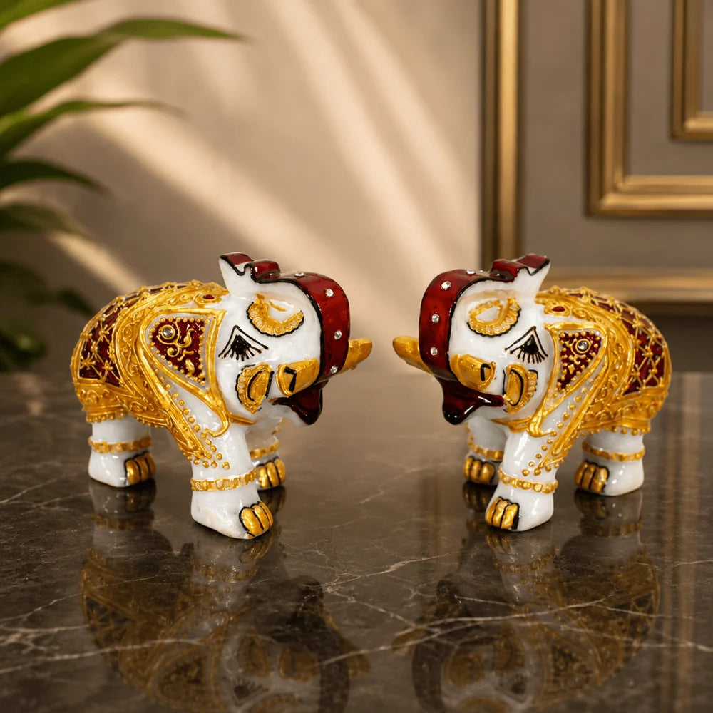 Set of 2 Marble Elephant Showpiece - For Home, Living Room & Table Decor - (4 Inch - Height)