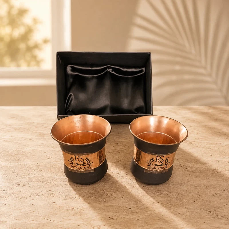 Set of 2 Silk Black Half Hammered Copper Tumblers – Pure Copper Water Glass Set (250 ML)