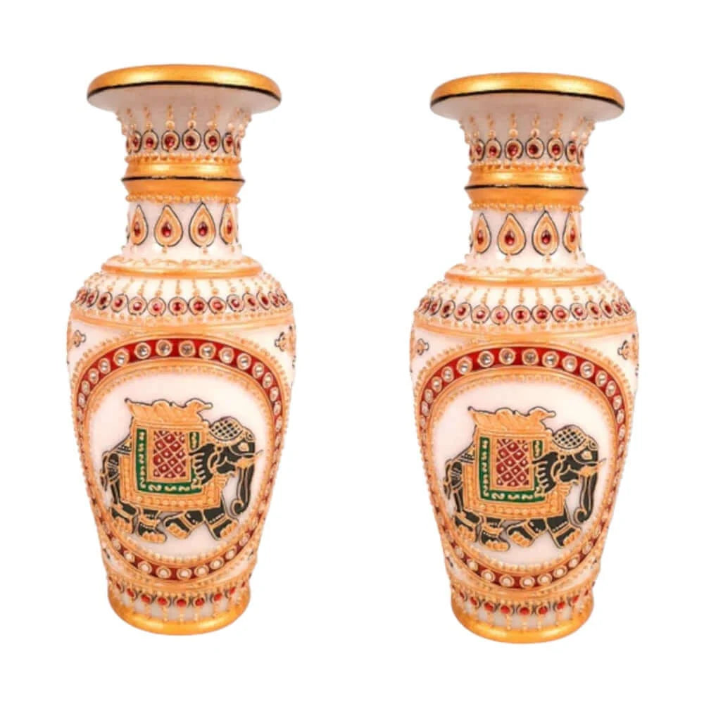 Set of 2 Vintage Makrana Marble Vases - Hand-Painted Rajasthani Art