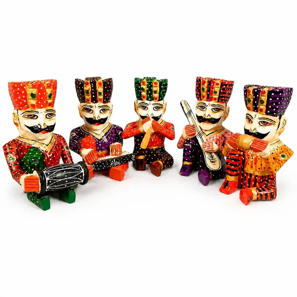 Set of 5 Royal Rajasthani Musician Wooden Showpiece - For Table & Home Decor - 6 Inch