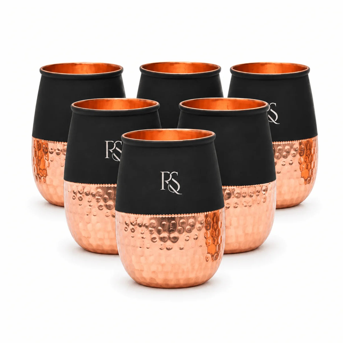Silk Black Half Hammered Dholak Copper Tumbler Set – Pure Copper Water Glasses Set of 6 (250 ML)
