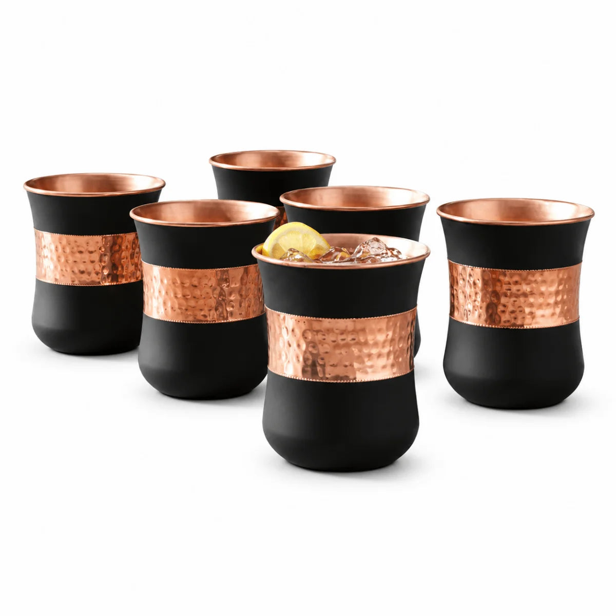 Silk Black Half Hammered Copper Tumbler Set – Pure Copper Water Glasses Set of 6 (250 ML)