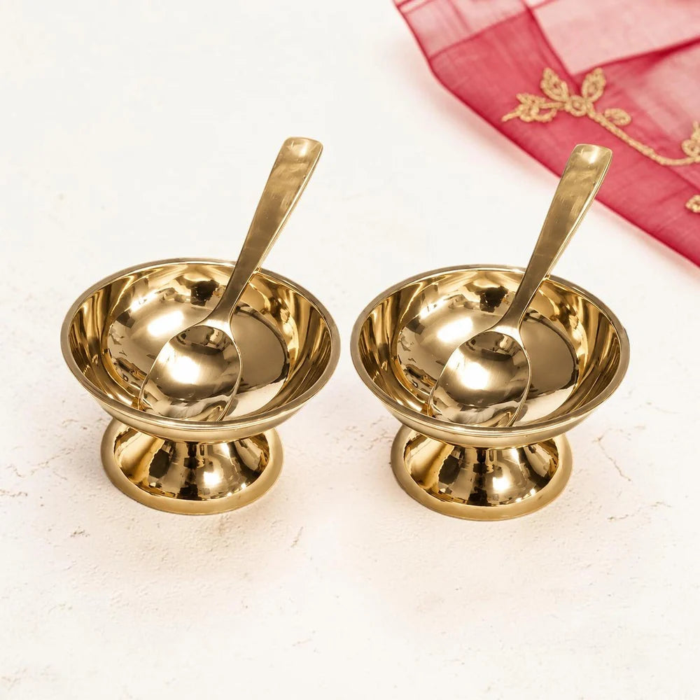 Shine Finish Handmade Pure Kansa Ice Cream Cup with Spoon | Set of 2 | Premium Bronze Dessert Bowl