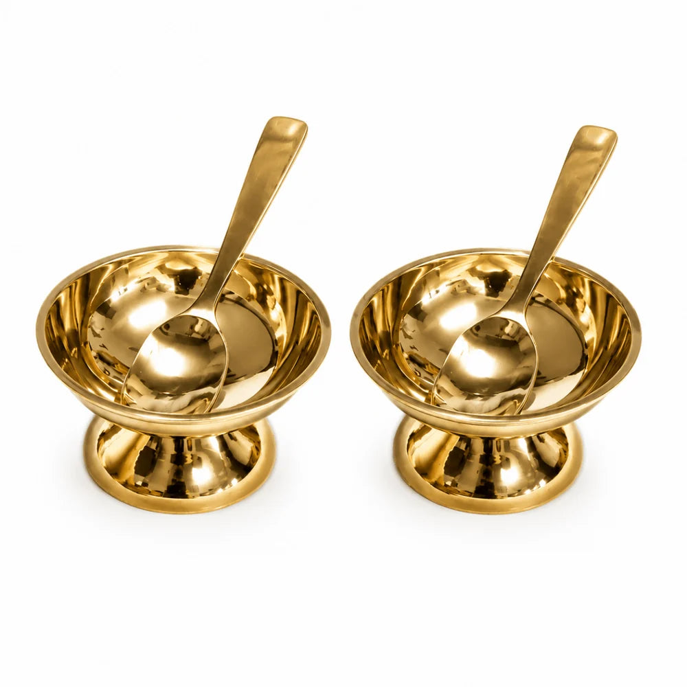 Shine Finish Handmade Pure Kansa Ice Cream Cup with Spoon | Set of 2 | Premium Bronze Dessert Bowl