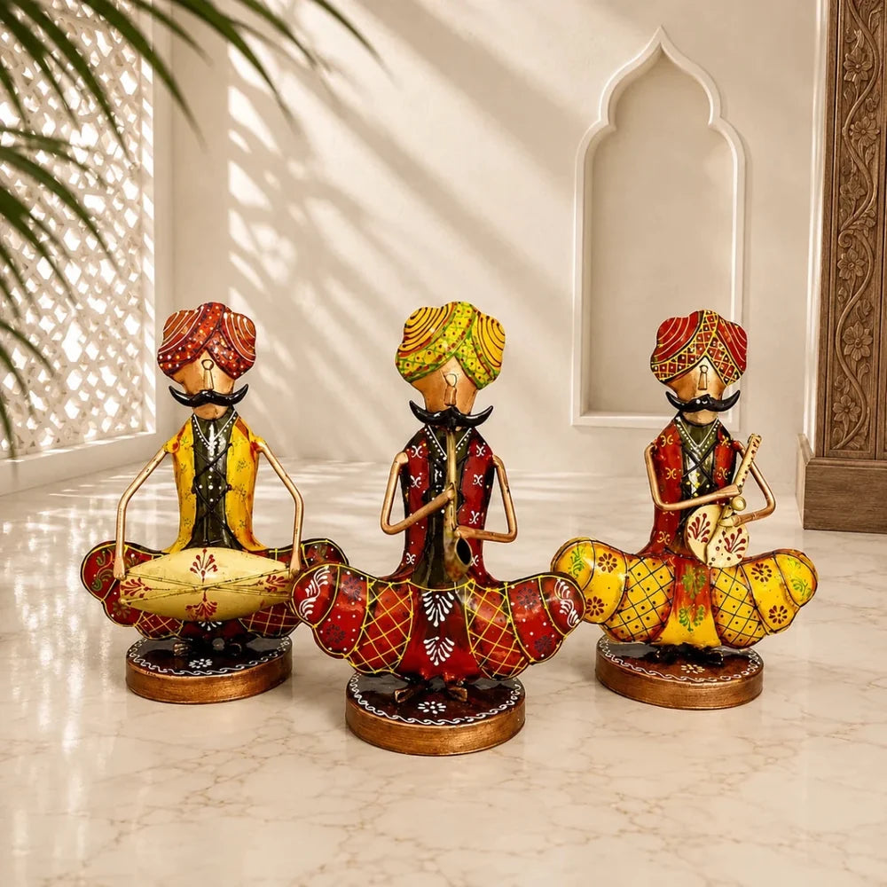 Tribal Rajasthani Sitting Male Musicians Muchhad in Iron Handmade Decorative Items for Home | Gift Items | Showpieces | Table Decorative Items Set of 3, Height : 9 Inches, Multicolor