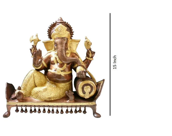 Premium Brass Lord Ganesha Sitting on Chowki – Handcrafted Decorative Ganesha Idol (15 Inch)
