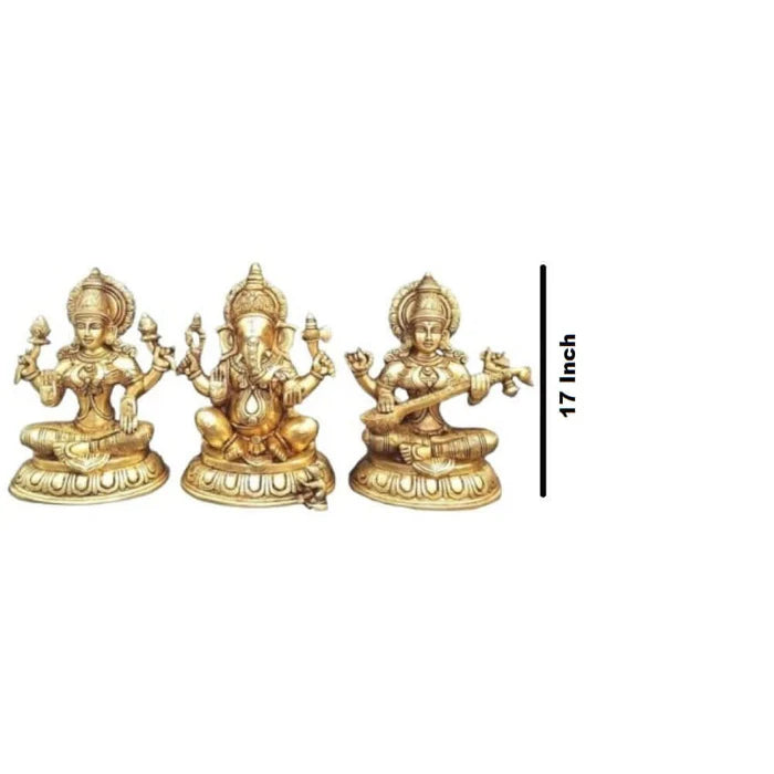 Brass Ganesha Lakshmi Saraswathi Statue Set – Large Handmade Divine Idol Collection (10 Inch)