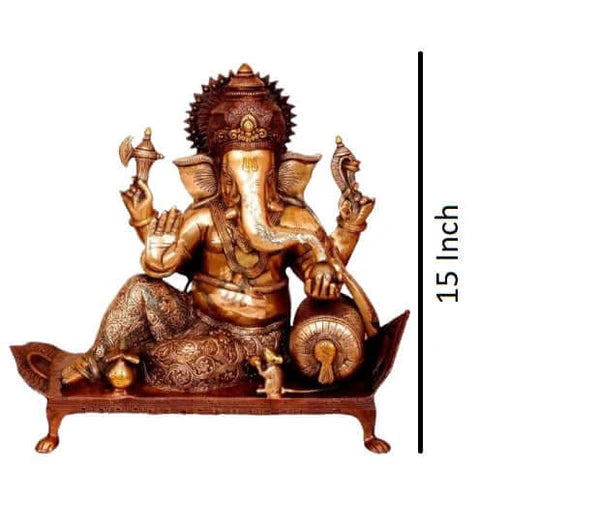 Bhagwan Ganesh Seated on Chowki with Ghungroos – Premium Handcrafted Brass Idol (15 Inch)