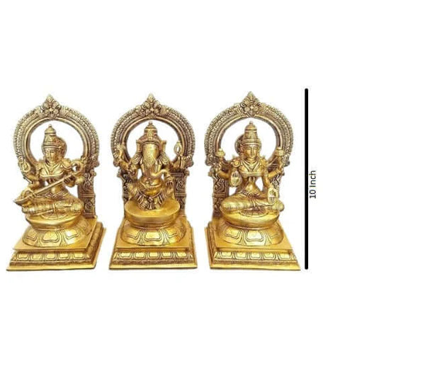 10 Inch Brass Lakshmi Ganesha Saraswati Statue Set – Premium Handcrafted Divine Idol Trio