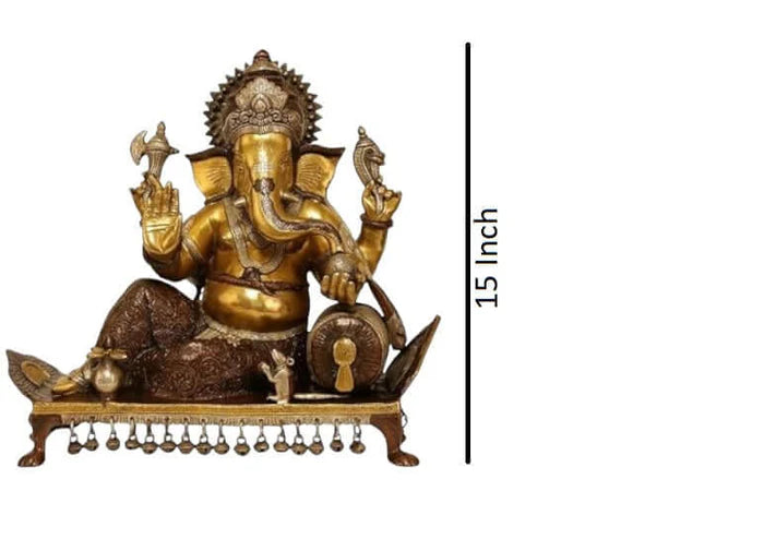 Royal India Brass Lord Ganesha Sitting on Chowki – Premium Handcrafted Brass Idol (15 Inch)