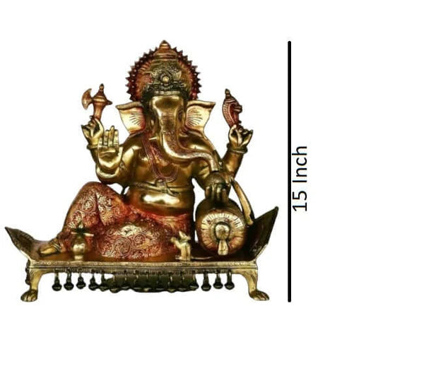 Lord Ganesha Seated on Chowki Figurine – Exotic India Finish Premium Brass Idol (15 Inch)
